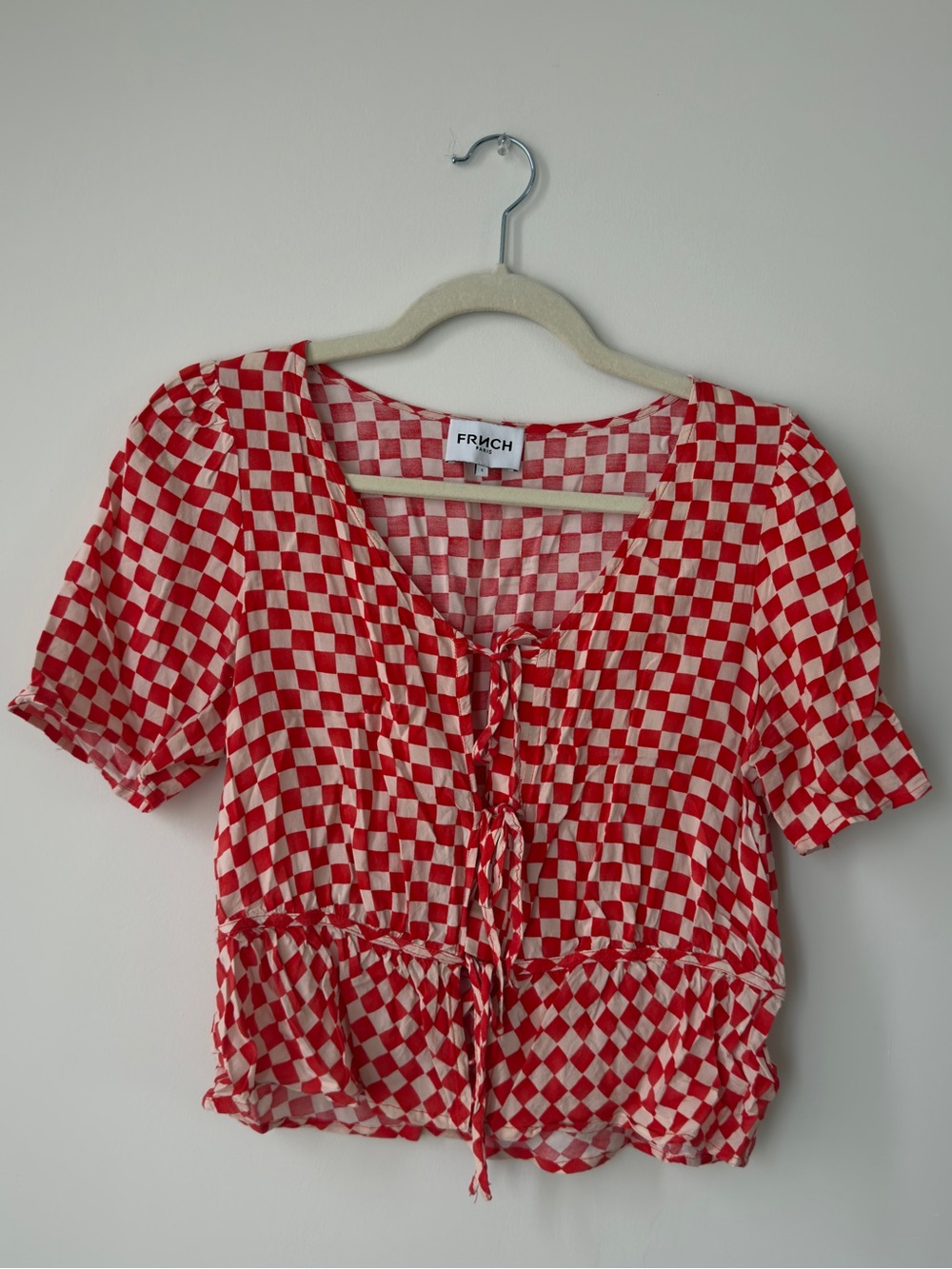 FRNCH Red and White Check Tie-Front Blouse
